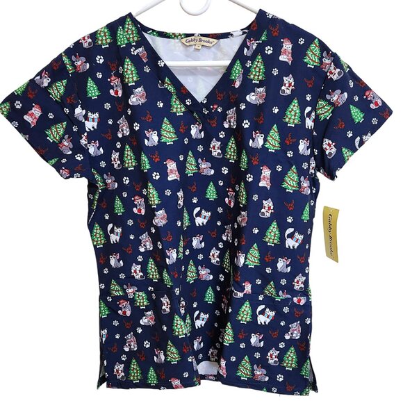 NEW Two Christmas Scrub Tops Red and Blue with Christmas Tree Cats Dogs Sz M - Picture 2 of 16